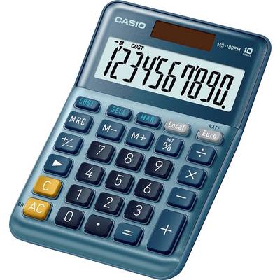 Modrý kalkulátor s veľkým displejom zobrazuje číslo '1234567890'. Na prístroji sú tlačidlá pre matematické operácie a prepočet mien.