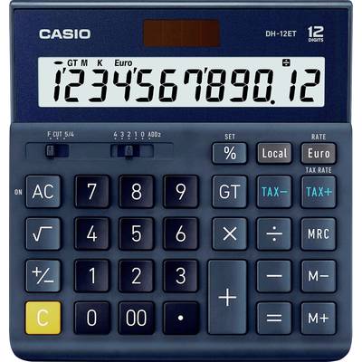Tmavmodrá kalkulačka s veľkými tlačidlami, zobrazuje 1234567890,12 na displeji. Obsahuje tlačidlo pre prevod na euro a daňové funkcie.