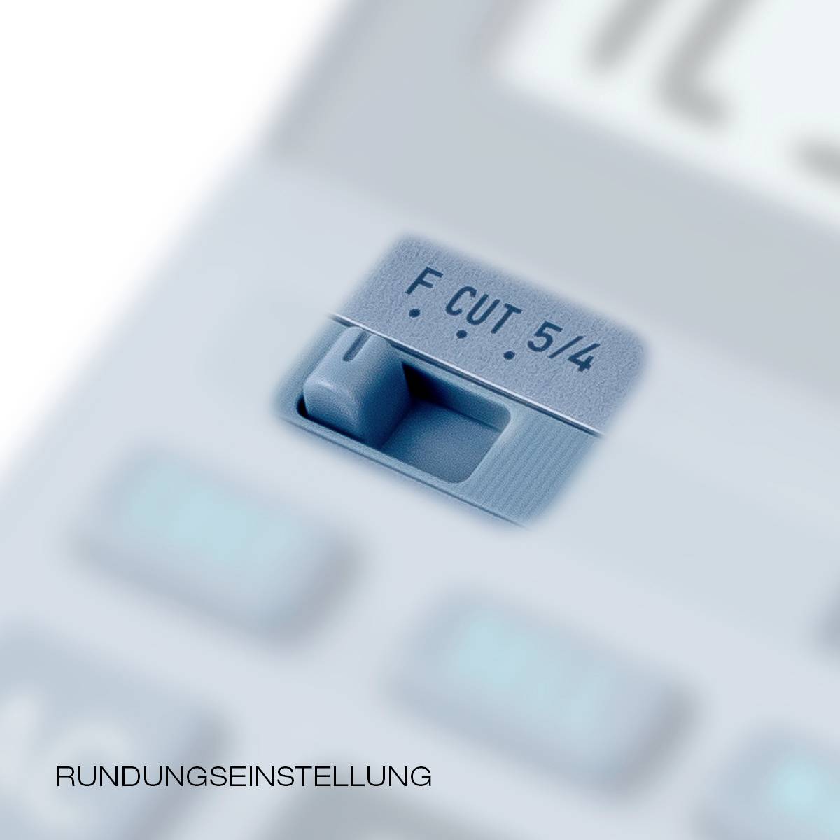 Posuvný prepínač na nastavenie zaokrúhľovania s polohami 'F', 'CUT', '5/4' na kalkulačke, ktorý zobrazuje možnosti zaokrúhľovania.