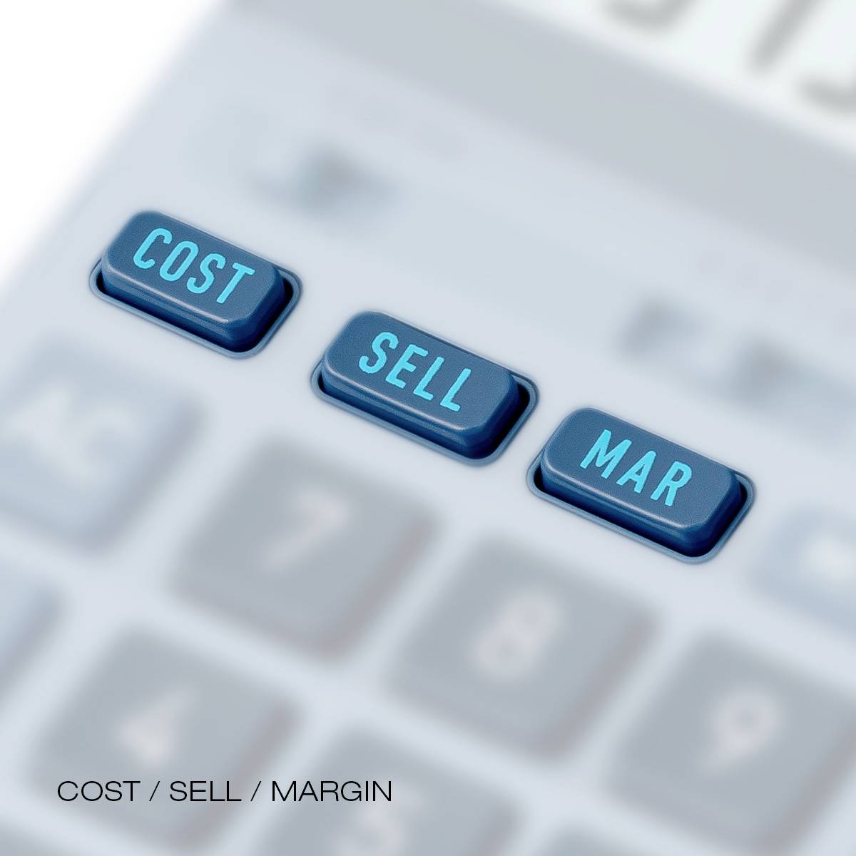 Kalkulačkové tlačidlá zobrazujú COST, SELL a MAR, ktoré predstavujú funkcie nákladov, predaja a marže pre finančné výpočty.
