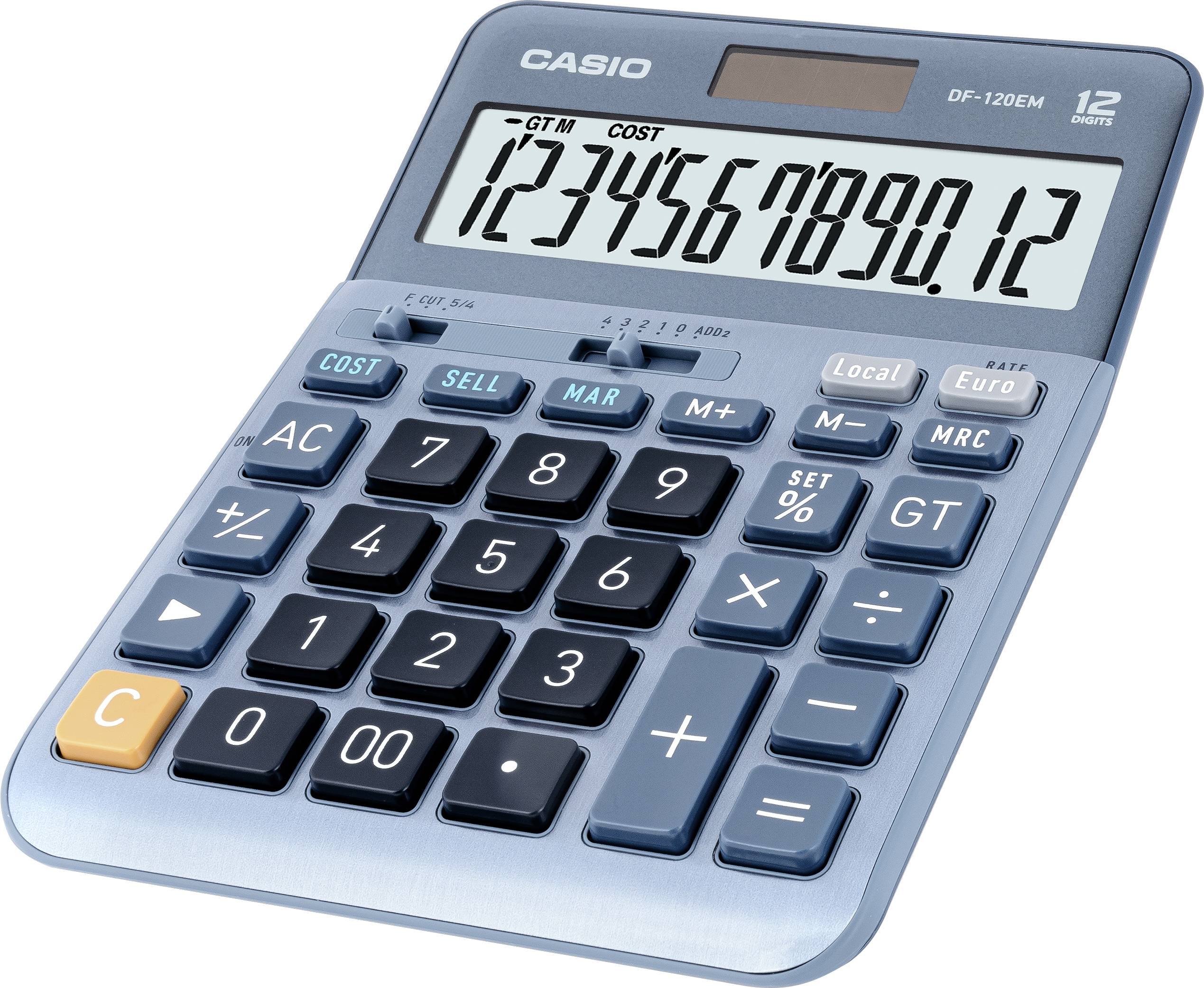 Modrý kalkulátor s veľkým displejom zobrazuje číselnú postupnosť '1234567890,12'. Tlačidlá majú rôzne funkcie, napríklad 'COST', 'SELL', 'MAR'.