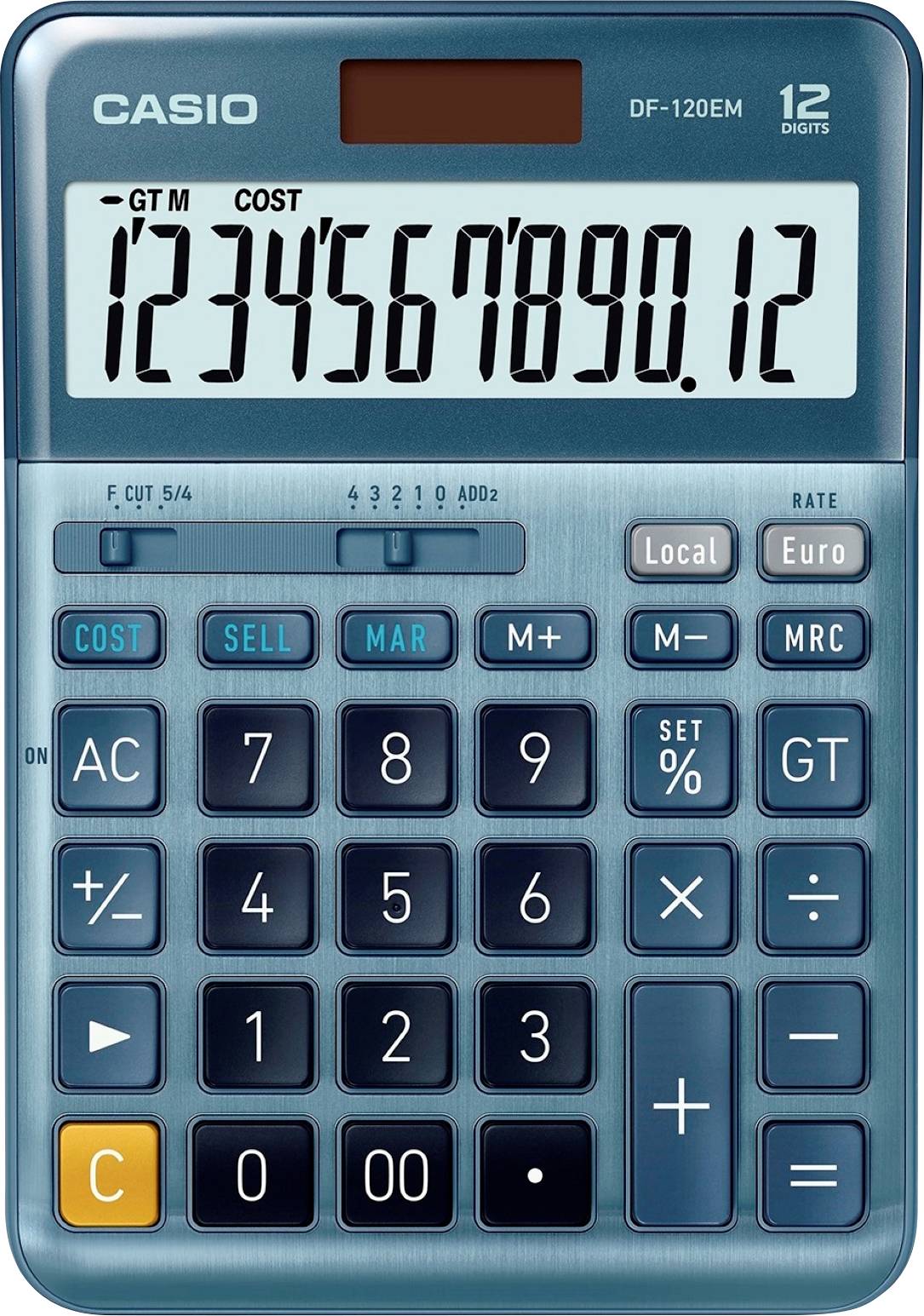 Modrý vreckový kalkulátor Casio s 12-miestnym displejom. Zobrazuje čísla '1234567890,12'. Obsahuje tlačidlá pre štandardné funkcie a ovládacie tlačidlá.