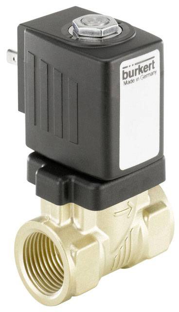 Elektromagnetický ventil od spoločnosti Bürkert, vyrobený v Nemecku, s čiernym krytom a mosadzným telesom, vhodný pre riadenie kvapalín.