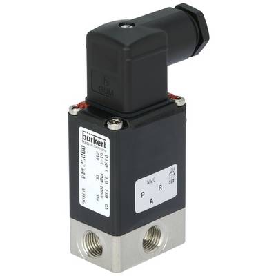 Ventil s čiernym elektrickým pripojením, na ktorom je nápis 'burkert'. Strieborné pripojovacie otvory dole. Vhodný na ovládanie kvapalín/plynov.