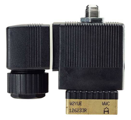 Čierne elektromagnetické ventil so základňou z mosadze a strieborným pripojením. Číslo modelu 'W2YUE 126233R'.