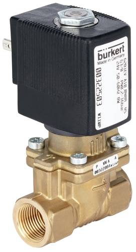 Elektromagnetický ventil Bürkert, model 332250, mosadzné teleso, ovláda kvapaliny. Nápis 'burkert' a technické špecifikácie sú na hornej strane.