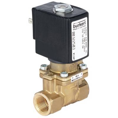 Elektromagnetický ventil Bürkert, model 332250, mosadzné teleso, ovláda kvapaliny. Nápis 'burkert' a technické špecifikácie sú na hornej strane.