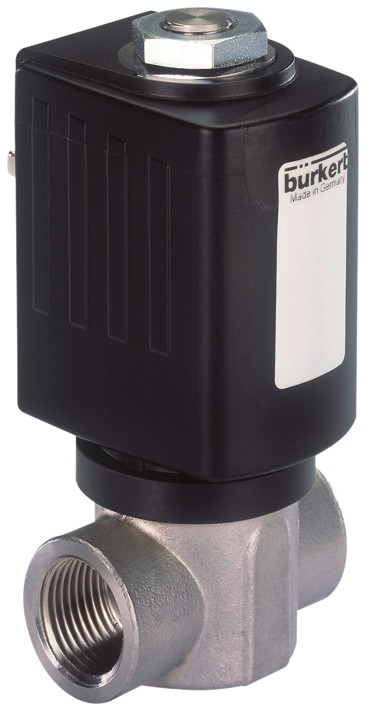 Ventil s kovovým puzdrom a čiernym plastovým nástavcom. Nápis 'bürkert - made in Germany'. Vhodný pre riadiace aplikácie.