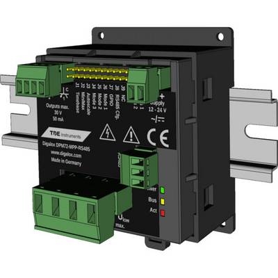 Elektronické zariadenie určené na montáž na DIN lištu, s zelenými pripojovaciami svorkami, LED indikátormi a technickými špecifikáciami na prednej strane.