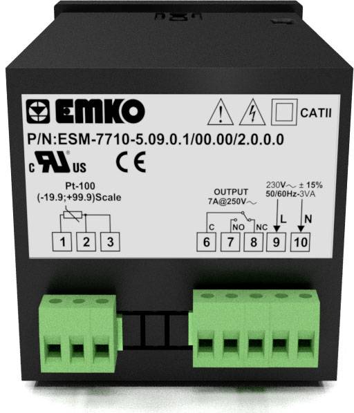 Elektronické zariadenie s technickými informáciami na prednej strane, vrátane nápisu 'EMKO', označenia CE a konektorov pre zapojenie.