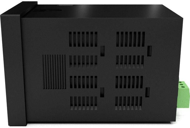 Obdĺžnikové čierne elektronické zariadenie s viacerými vetracími otvormi a zeleným konektorom na boku.