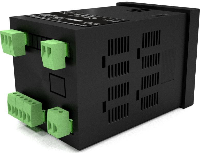 Čierna obdĺžniková elektronická schránka so zelenými konektormi na jednej strane. Mohlo by ísť o priemyselné alebo automatizačné zariadenie.