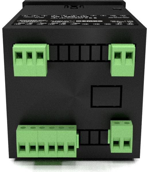 Čierne elektronické zariadenie so zelenými pripojovaciami svorkami a vytlačenými technickými špecifikáciami na hornej strane.