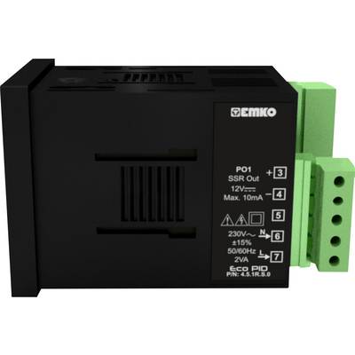 Čierne elektrické zariadenie so zelenými pripojovaciami svorkami, ktoré zobrazuje symboly a technické špecifikácie ako '230V', 'SSR Out' a 'Eco PID'.