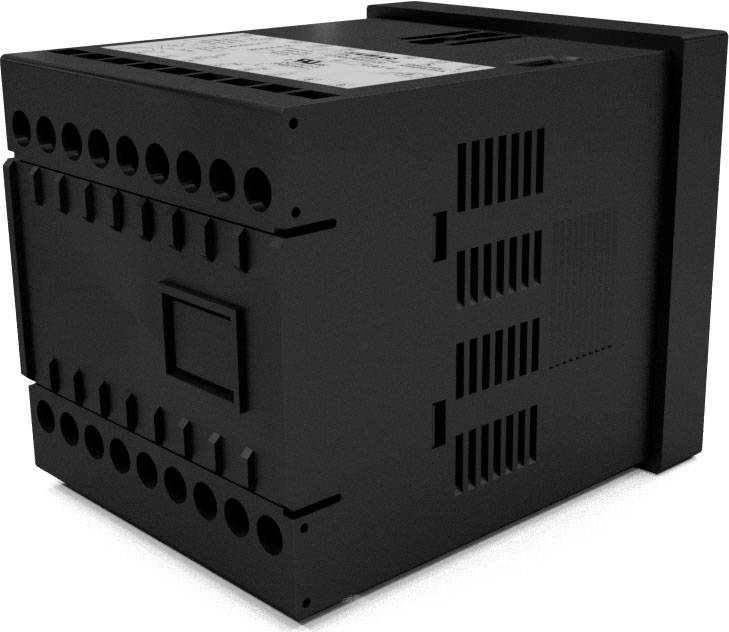 Čierne elektronické zariadenie s viacerými vetracími otvormi a prípojkami na boku. Vyzerá to ako technický komponent.
