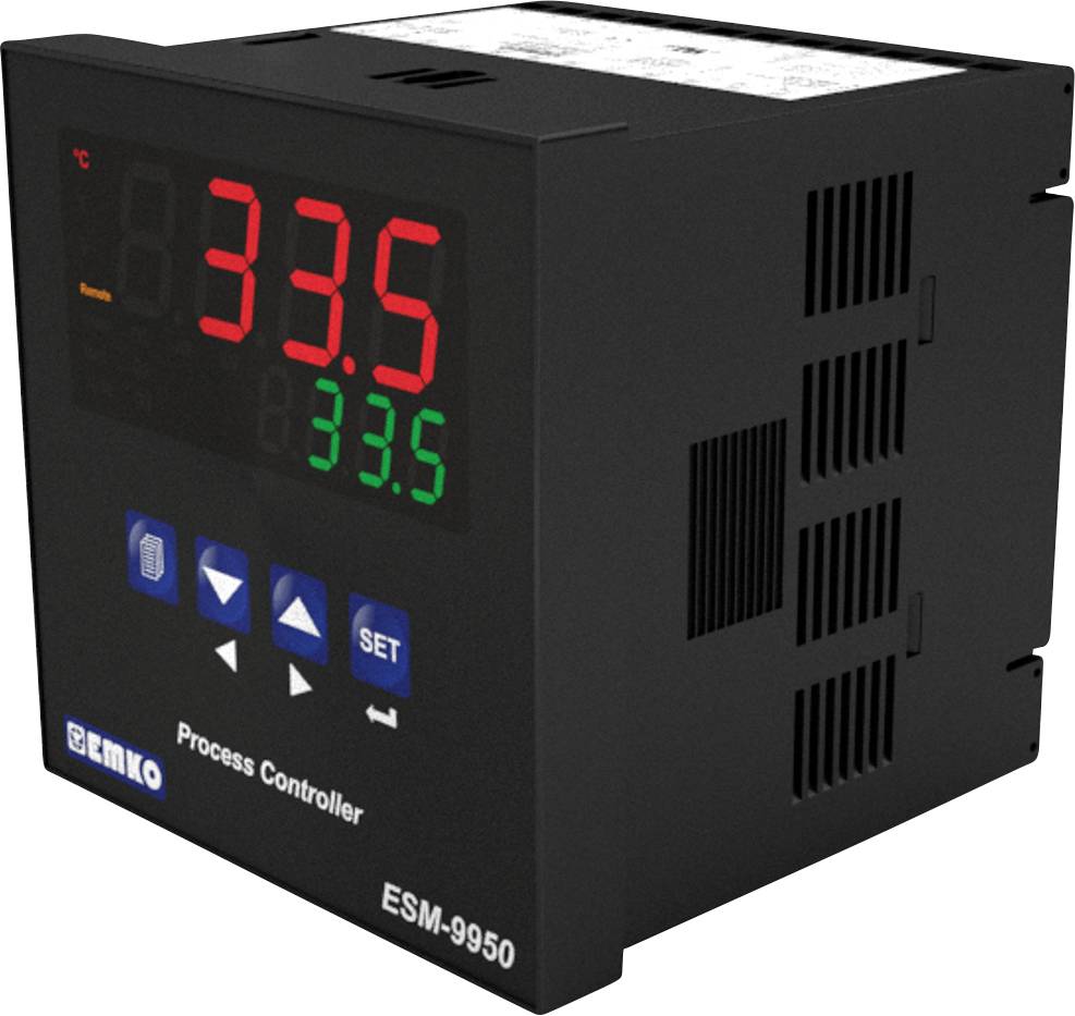 Digitálny teplotný regulátor s displejom zobrazuje '33,5 °C'. Tlačidlá pre menu, nastavenia a navigáciu. Číslo modelu: ESM-9950.