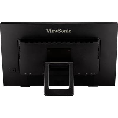 Pohľad zozadu na čierny počítačový monitor značky ViewSonic, rozpoznateľný podľa loga v hornej časti. Monitor má stabilnú stojaciu základňu.