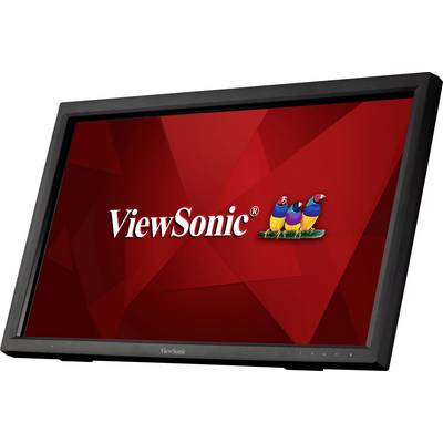 Monitor ViewSonic s červeným pozadím a logom: tri farebné vtáky vedľa seba.