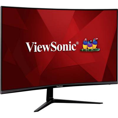 Zakrivený monitor značky ViewSonic s červeným pozadím a logom troch farebných vtákov na pravej strane.