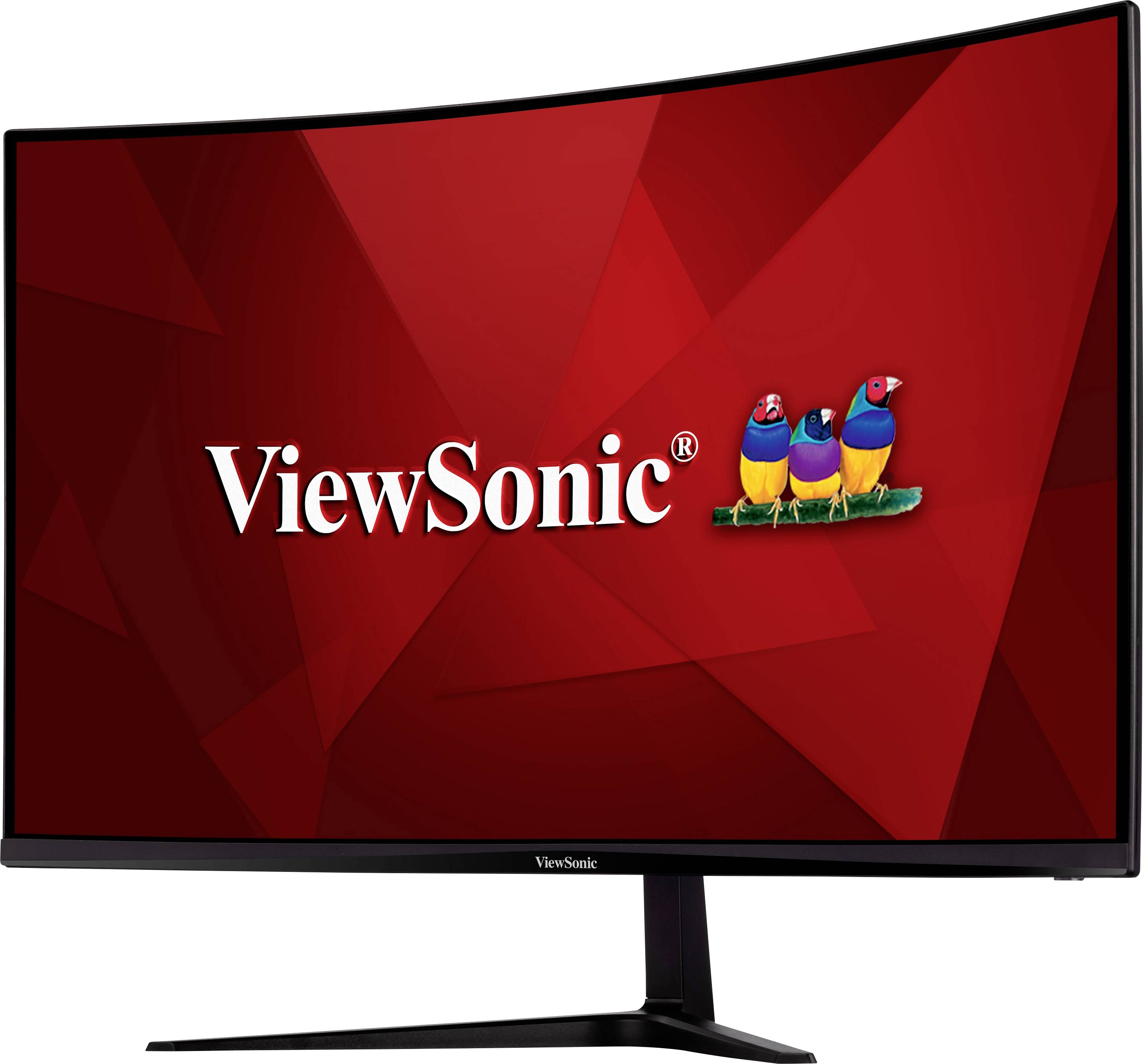 Zakrivený monitor ViewSonic s červeným geometrickým pozadím a farebným logom pozostávajúcim z troch vtákov.