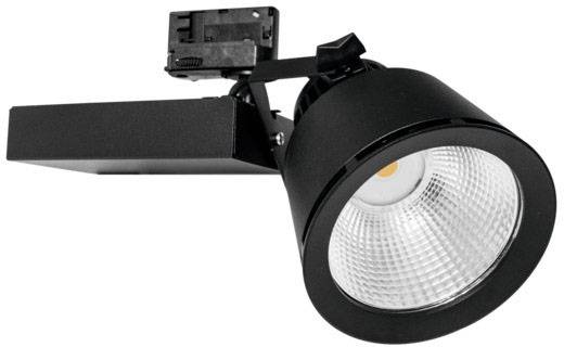 Čierny LED reflektor s naklápacou hlavou a obdĺžnikovou konzolou, vhodný pre koľajnicové osvetlenie v interiéroch.