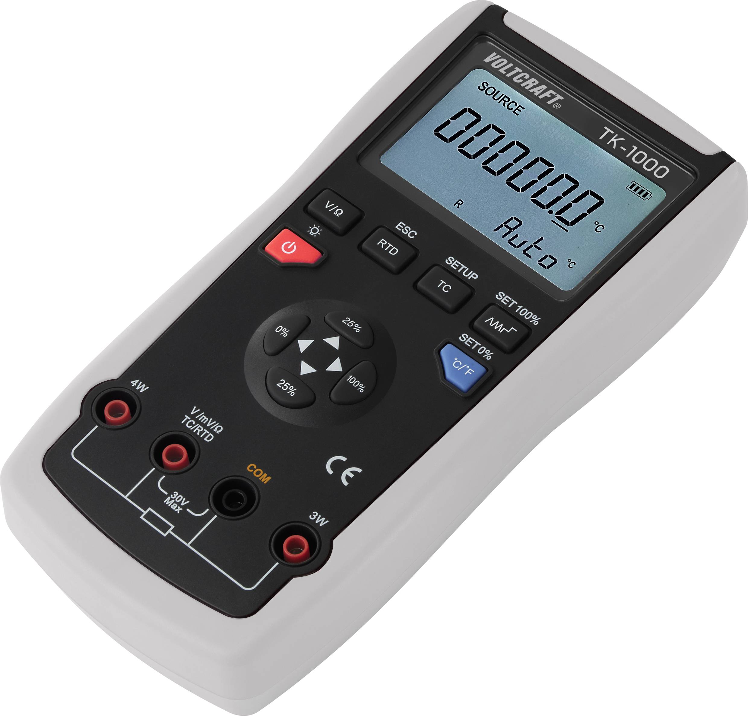 Multimeter TK-1000 s digitálnym displejom zobrazuje namerané hodnoty a možnosti. Otočný ovládač a tlačidlá slúžia na výber a nastavenia.