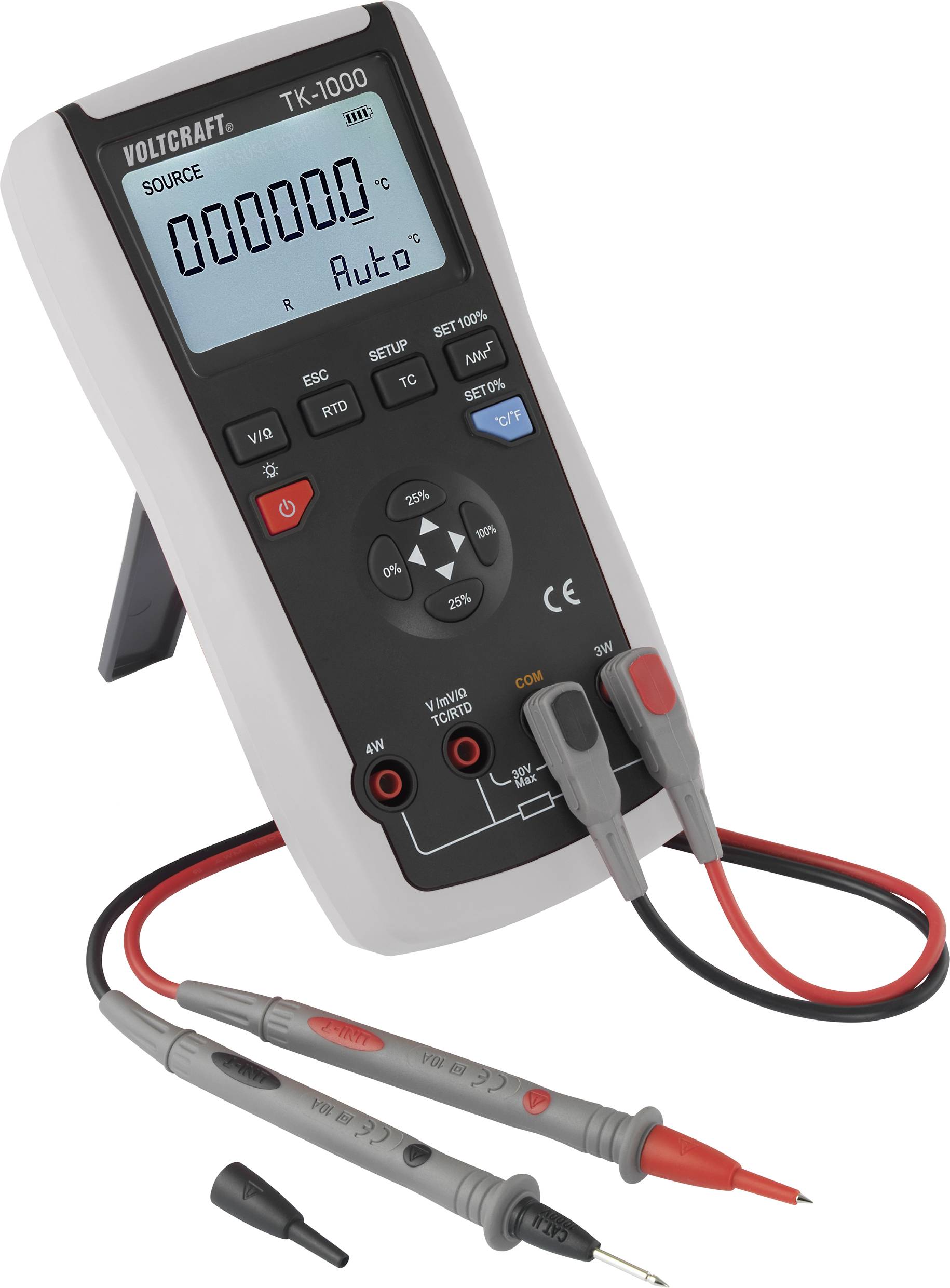 Digitálny multimeter stojí na stojane, na displeji zobrazuje 'Auto' a má meracie káble s červenými a čiernymi koncovkami.