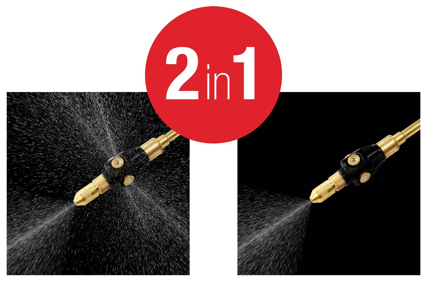 "Tryska strieká vodu v dvoch módoch: vľavo hmla, vpravo prúd. Červený kruh s nápisom „2 v 1" hore."