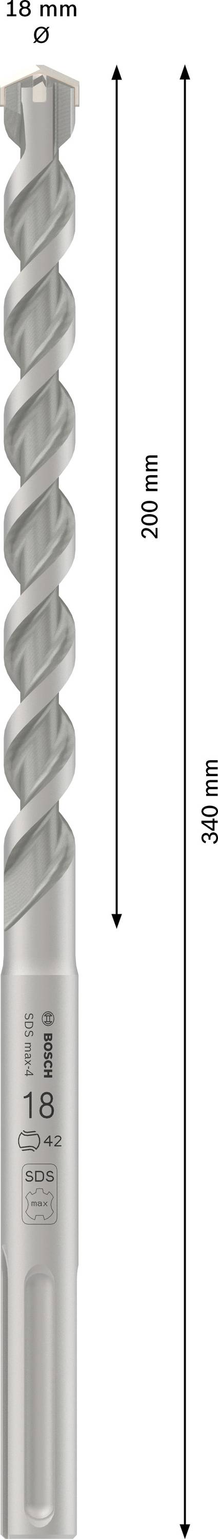 Vrták s celkovou dĺžkou 340 mm a priemerom 18 mm.