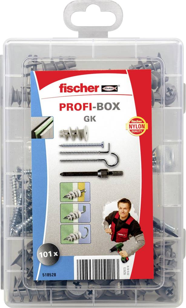 Priehľadný box s 101 upevňovacími prvkami Fischer Profi vrátane rôznych hmoždiniek a skrutiek. Balenie s obrázkom remeselníka.