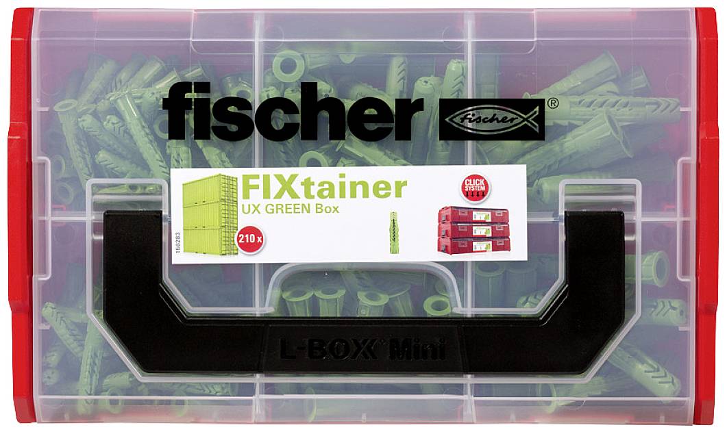 Kontajner Fischer FIXtainer UX GREEN Box je transparentná plastová krabica s červenými stenami, naplnená zelenými hmoždinkami, vhodná pre rôzne stavebné aplikácie.