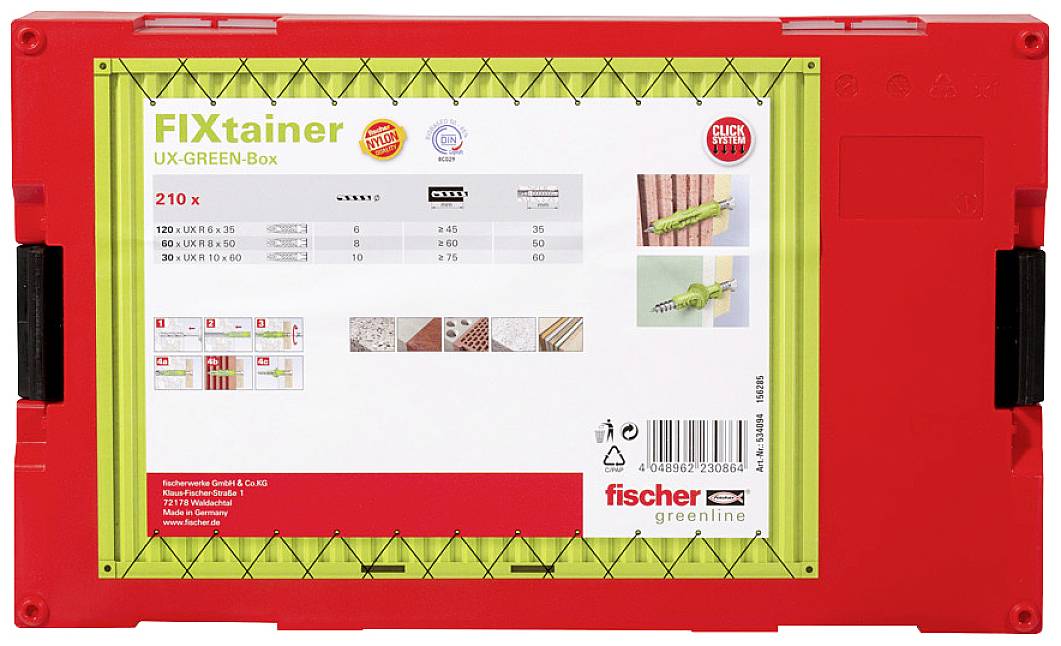 Červená plastová krabica s textom 'FIXtainer UX-GREEN-Box'. Obsahuje 210 hmoždiniek. Obrázky zobrazujú použitie v rôznych materiáloch.