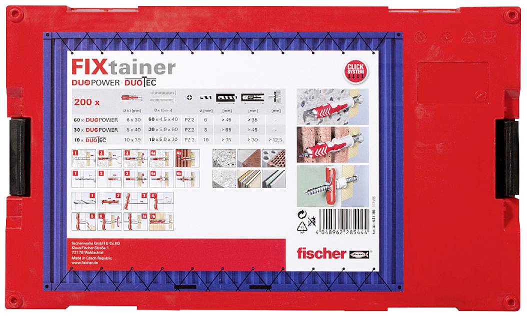 Červený box na náradie s etiketou s nápisom 'FIXtainer'. Zobrazuje obrázky a návody na použitie upevňovacích prvkov.