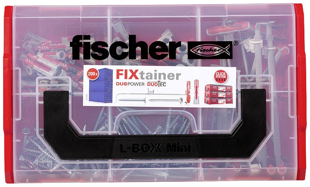 Priehľadná škatuľa s nápisom 'fischer FIXtainer' obsahuje skrutky a hmoždinky. Je vybavená čiernou rukoväťou.