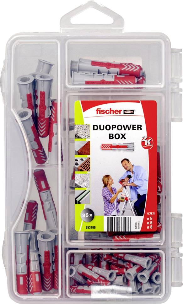 Plastový box s rôznymi červenými a sivými hmoždinkami pre montážne práce. Nálepka s nápisom 'DUOPOWER BOX' zobrazuje príklady použitia.