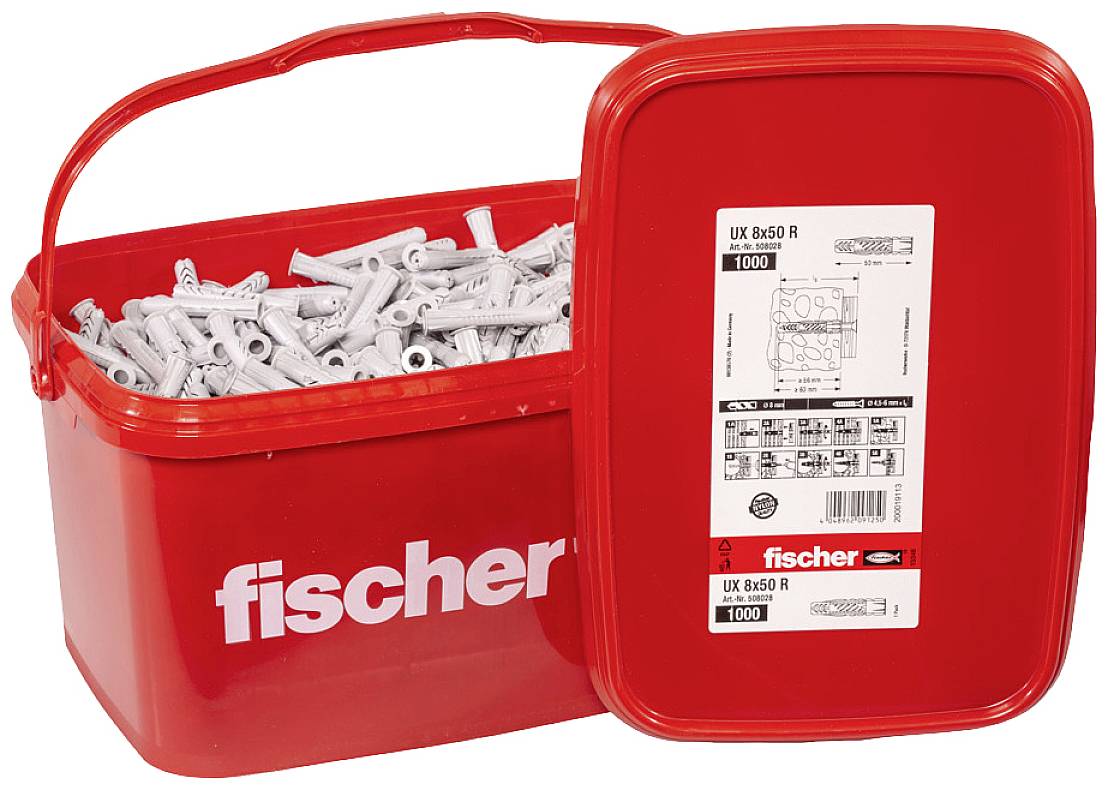 Červený kontajner s nápisom 'fischer', naplnený sivými hmoždinkami. Etiketa zobrazuje produktové informácie pre UX 6x50 R, množstvo: 1000 kusov.