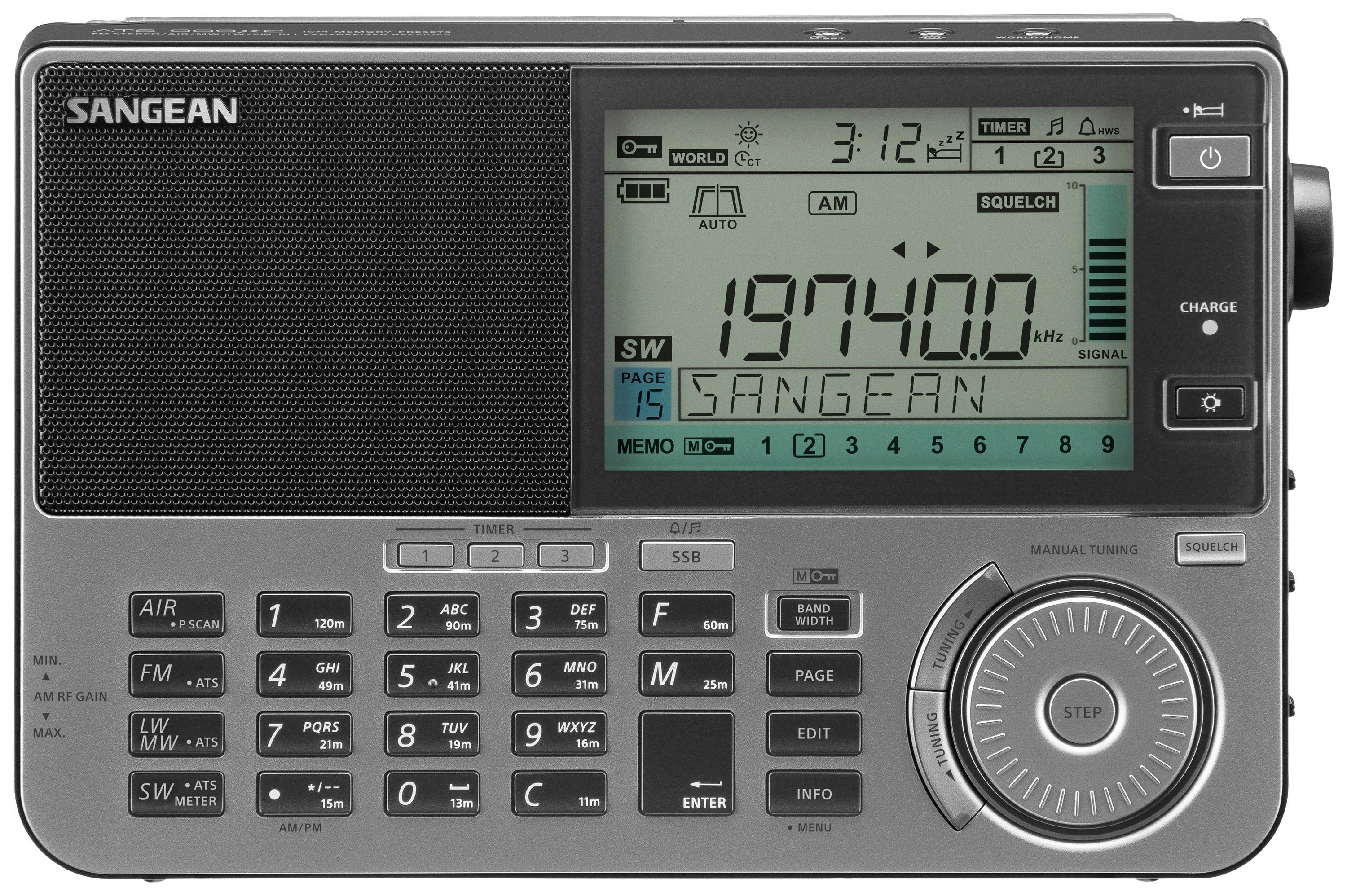 Klasické prenosné rádio s digitálnym displejom, klávesnicou na výber kanálov a ovládačom hlasitosti. Značka 'SANGEAN'.