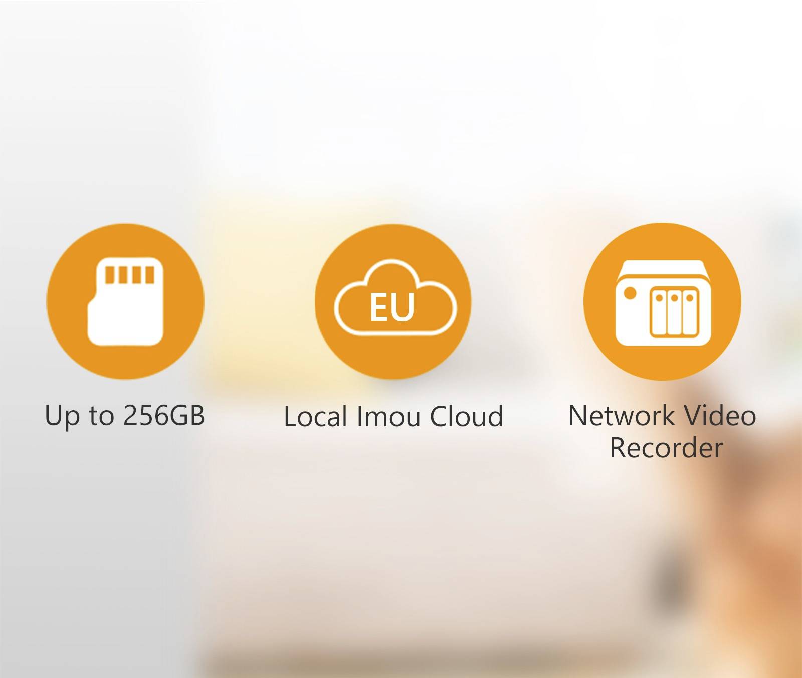 256 GB pamäťová karta, 'Lokálny Imou Cloud' v EÚ, 'Sieťový videorekordér'. Tri oranžové symboly s príslušnými popismi.