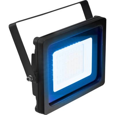 LED reflektor s čiernym rámom a modrým osvetlením, montovateľný pomocou nastaviteľného držiaka, vhodný pre vonkajšie použitie.