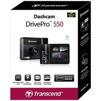 Kartónová škatuľa kamery Transcend DrivePro 550 s obrázkami kamery a jej funkcií vrátane GPS, duálnych objektívov a núdzového nahrávania.