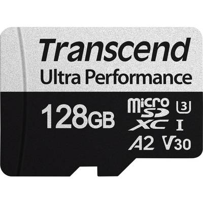 Micro SD karta s nápisom 'Transcend Ultra Performance', pamäťová kapacita 128 GB, rýchlostná trieda microSDXC UHS-I, A2, V30.