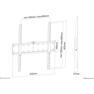 Diagram držiaka TV na stenu zobrazuje rozmery: šírka 433 mm, výška 425 mm, hĺbka 27 mm. Kompatibilný so štandardom VESA, nastaviteľná šírka 100-400 mm.