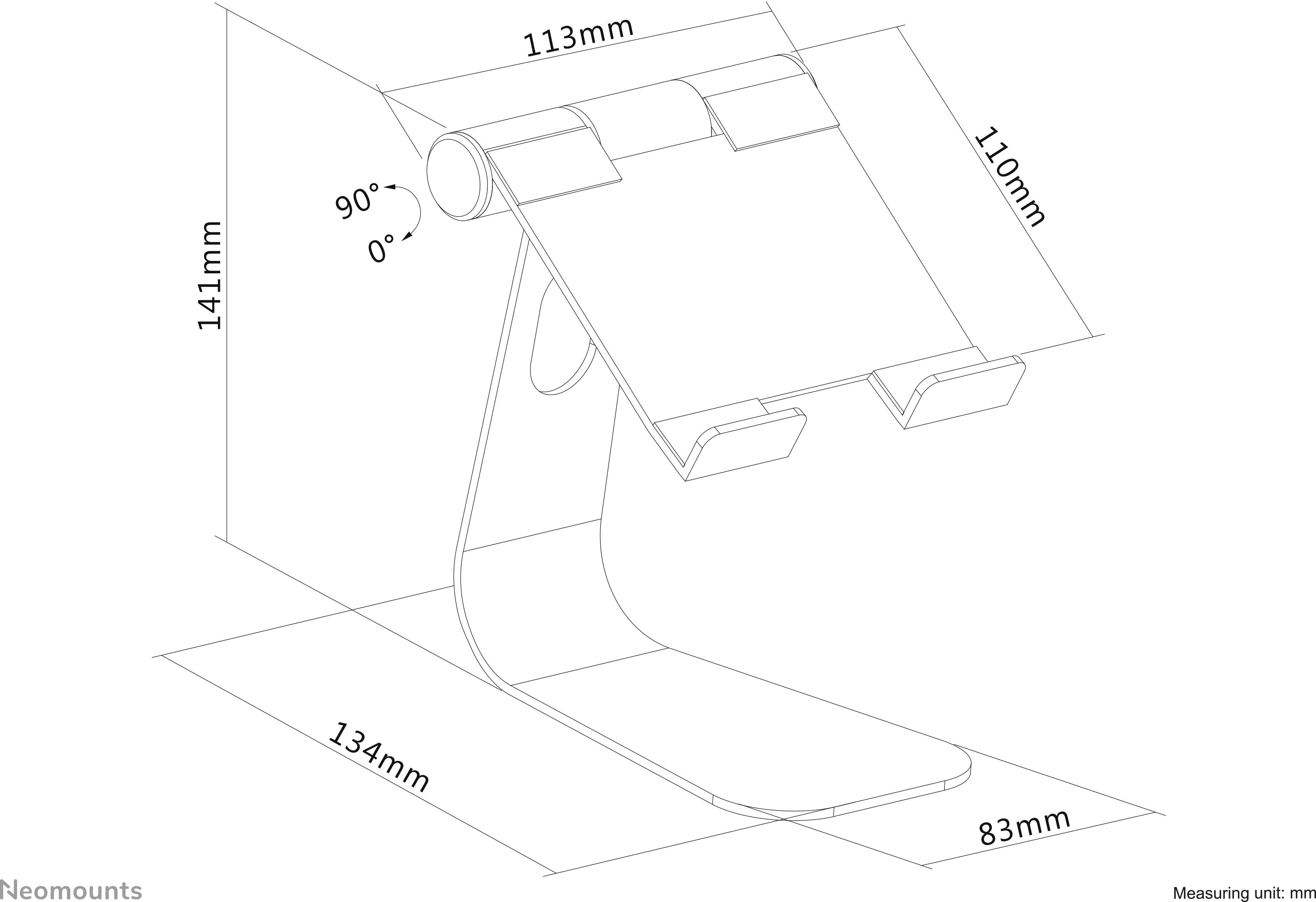 Technický výkres nastaviteľného stojana na tablet s rozmermi: výška 141 mm, šírka 113 mm, hĺbka 134 mm. Nastaviteľný náklon až do 90°.