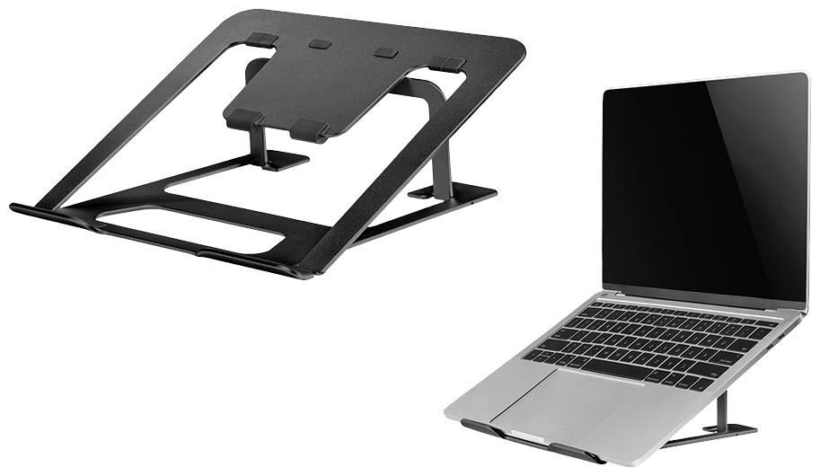Kovový stojan na notebook, skladací, ktorý zobrazuje otvorený notebook. Podporuje ergonomickú prácu vďaka nadvihovaniu notebooku.