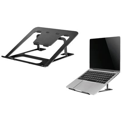 Kovový stojan na notebook, skladací, ktorý zobrazuje otvorený notebook. Podporuje ergonomickú prácu vďaka nadvihovaniu notebooku.