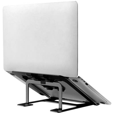 Strieborný laptop na čiernom ergonomickom stojane, ktorý zdvíha obrazovku a zlepšuje vetranie.