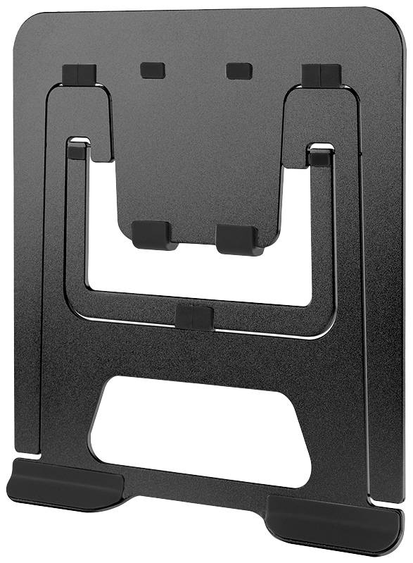 Čierny stojan na notebook z kovu, v stojacej pozícii, minimalisticky navrhnutý, ktorý drží notebook vzpriamene a šetrí miesto na pracovnom stole.