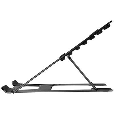 Čierny stojan na notebook v bočnom pohľade, nastaviteľný vo viacerých uhloch, poskytuje ergonomickú podporu pre notebook.