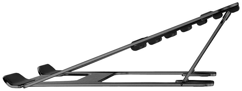 Stojan na notebook z bočného pohľadu, čierny, vyrobený z kovu. Nastaviteľný uhol pre lepšiu ergonómiu a vetranie zariadenia.