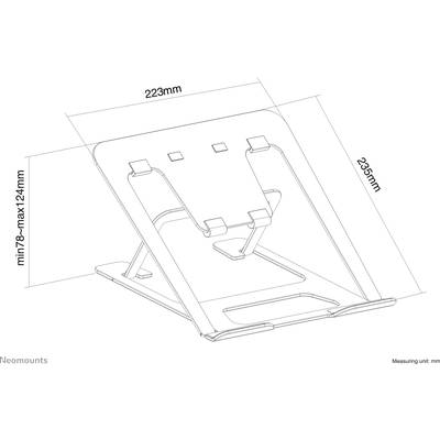 Stojan na notebook s nastaviteľnou výškou. Rozmery: šírka 223 mm, hĺbka 235 mm, výška 78-247 mm. Výkres znázorňuje bočný pohľad.